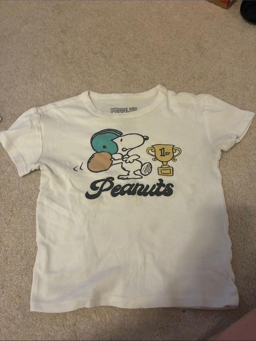 Peanuts White Tee with Snoopy Football and Trophy Graphic